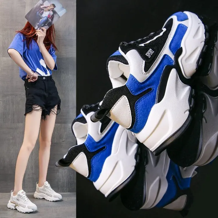 

Pop Women Suede Leather Patchwork Shoes Casual Platform Shoes Woman Chunky Sneakers Ladies Sports White