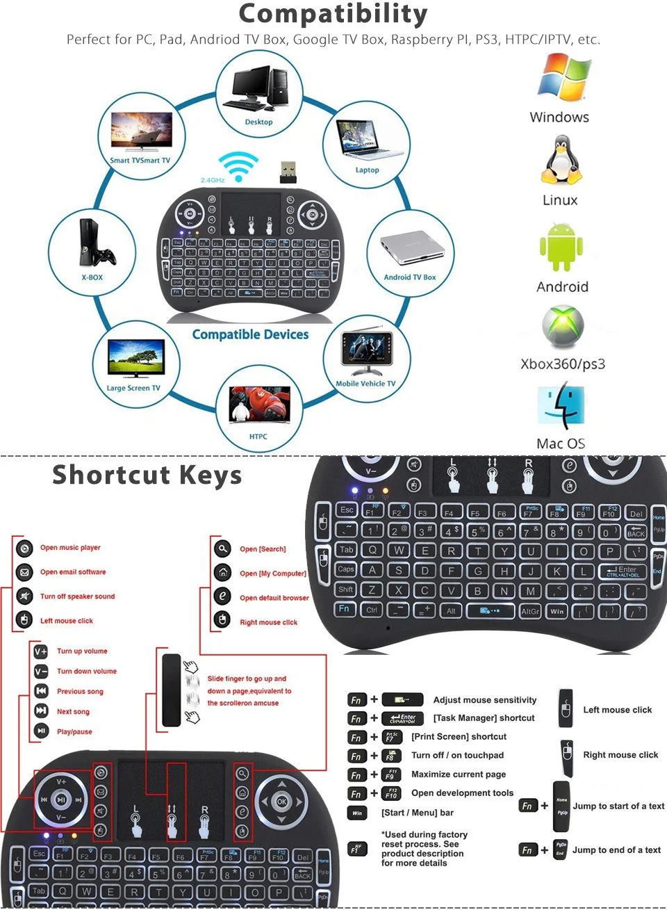 

i8 Mini Wireless Keyboard Multicolor Backlit English i8+ 2.4GHz Air Mouse Touchpad Remote Handheld Keyboard for Android TV Box