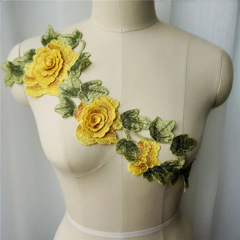 Желтый вышитый 3D цветок листья платье аппликации кружева ткань воротник нашивка