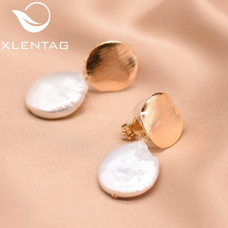 XlentAg Natural Round Flat Baroque Pearl Geometric Earrings For Women Ear Clip Jewellery Pendientes Mujer Moda GE0783