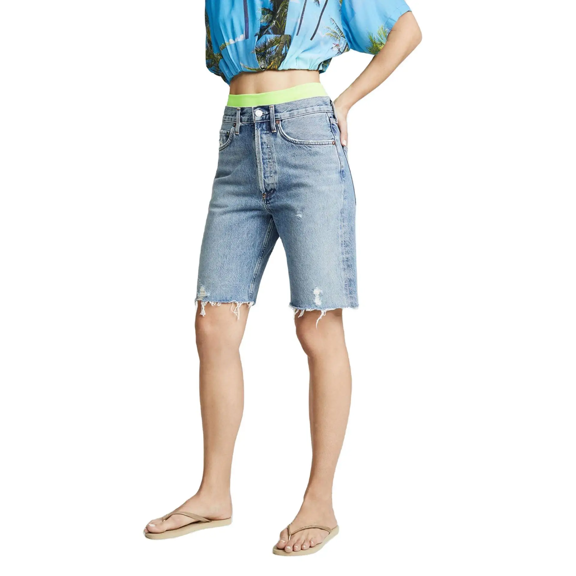 

Spring High-waisted Breasted 5 Points Denim Pants Without Elastic Loose All-match