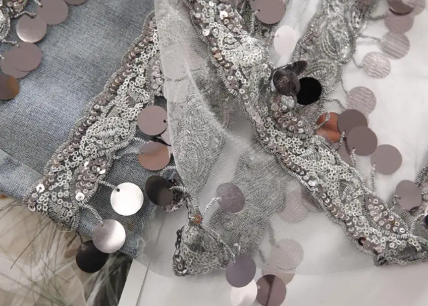 

Summer 2020 Fashion Denim Skirts Women Tassel sequins Mesh stitching Skirts Womens Harajuku High waist Jeans Skirts Mujer w618