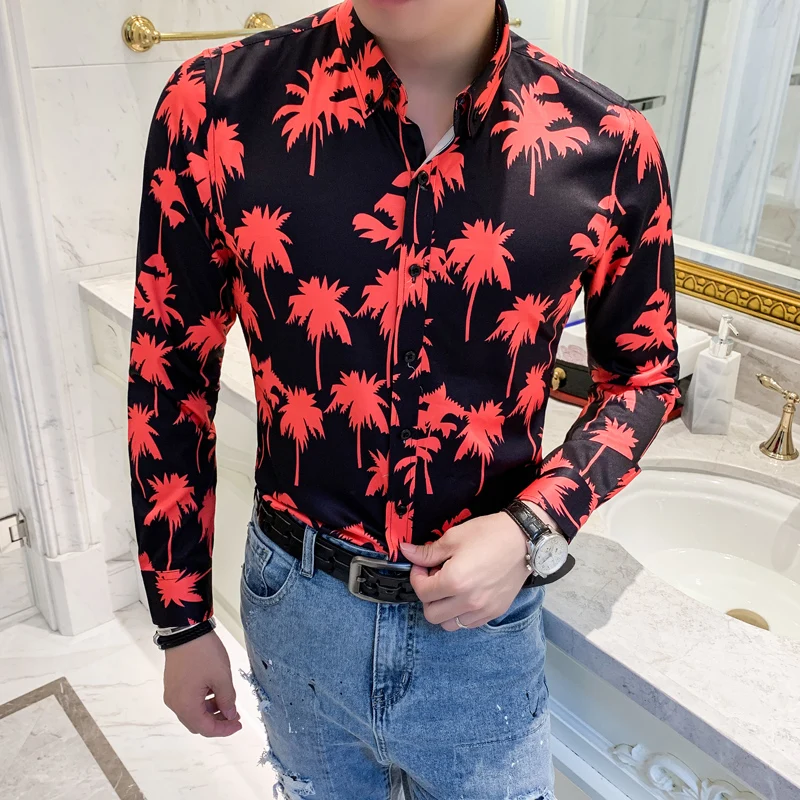 Camisa hombre брендовая Осенняя рубашка с длинным рукавом и цветочным рисунком мужская