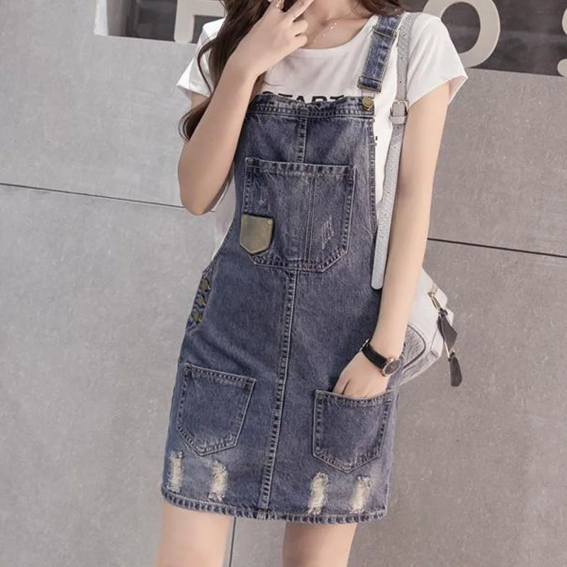 

Two Shoulder Straps Denim Skirt Women Elegant High Waist Vintage Gray Streetwear Ripped Casual Cowboy Punk Jean Skirt Overalls