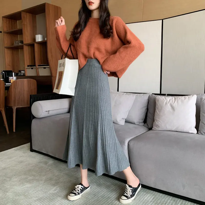 

Hzirip Winter Retro Knitted Slim A-Line Elastic Slender Gentle High Waist Long Skirt All Match High Quality Fresh Pleated Skirts