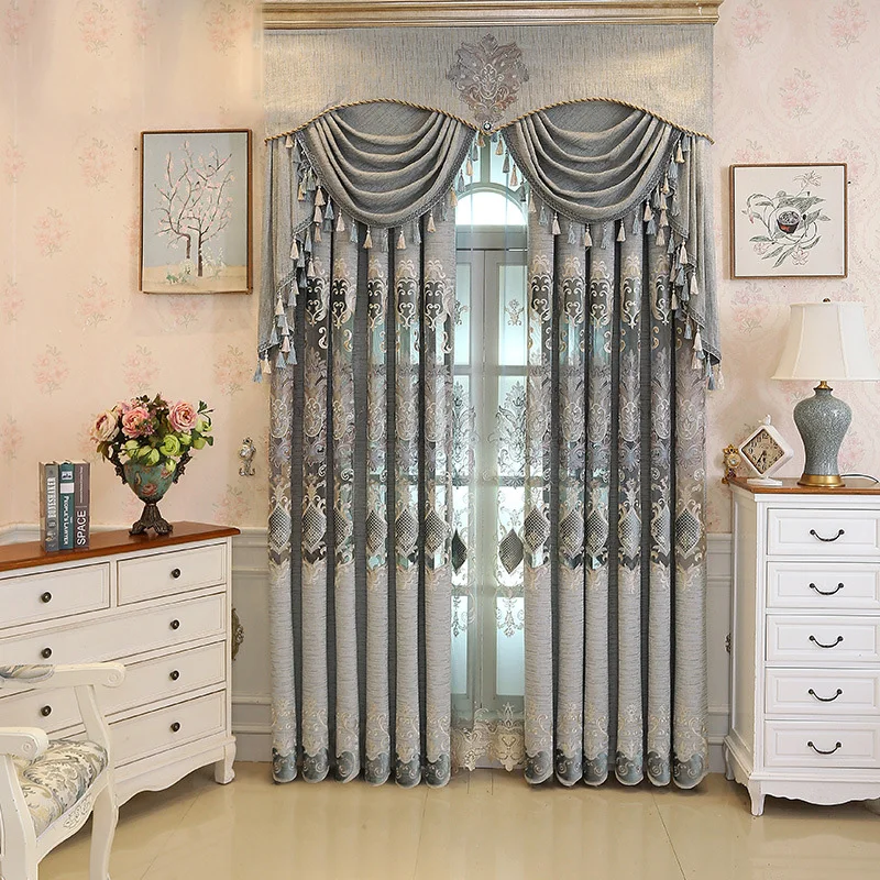 Европейские роскошные серые жаккардовые декоративные затемняющие шторы для