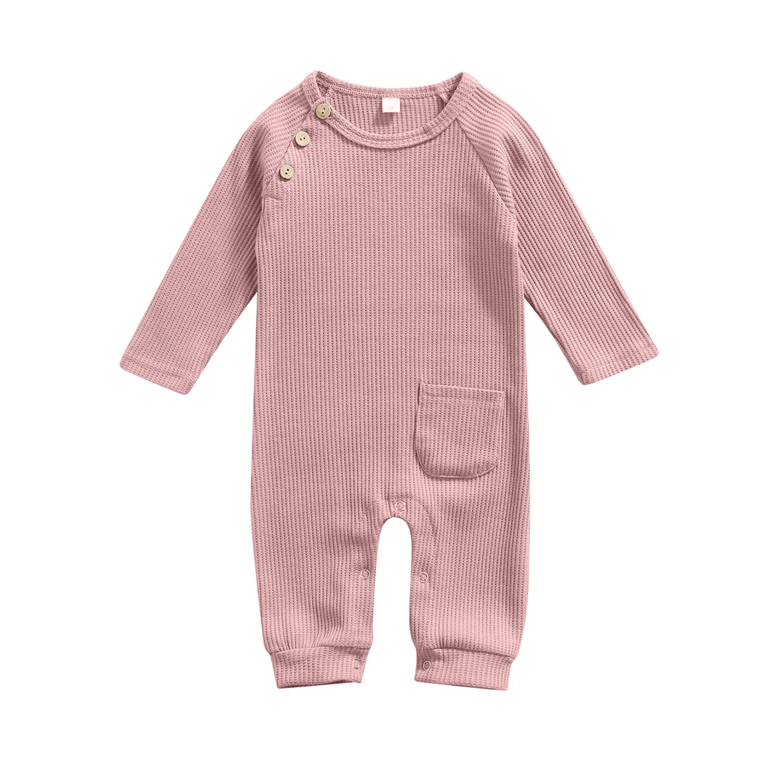 

Spring Fall Baby Boys Girls Solid Color Rompers Jumpsuit Long Sleeve Crew Neck Waffle Romper with Pocket