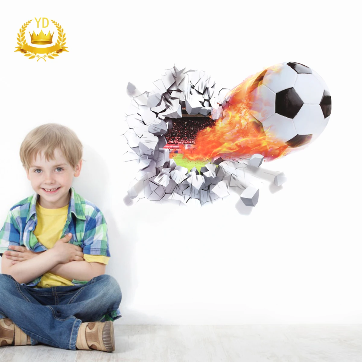 

1Pcs Football Through Modern Wall Stickers Kids Room Decoration Home Decals 3D Mural PVC Poster