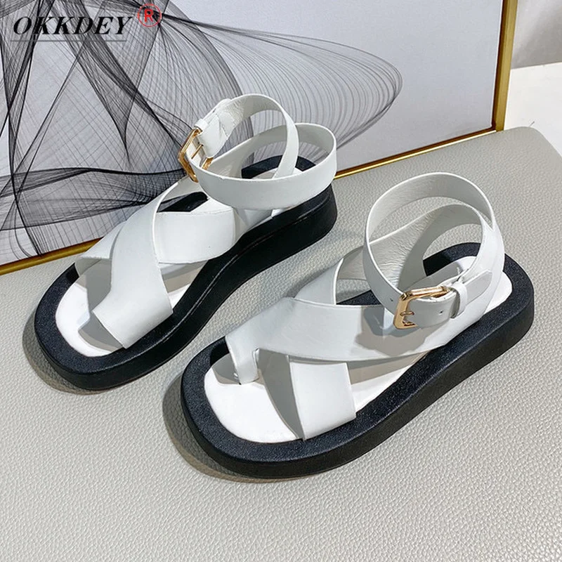 

2021 summer women's flat sandals women's soft leather casual open-toed gladiator wedge heel platform Roman women's sandalsOKKDEY