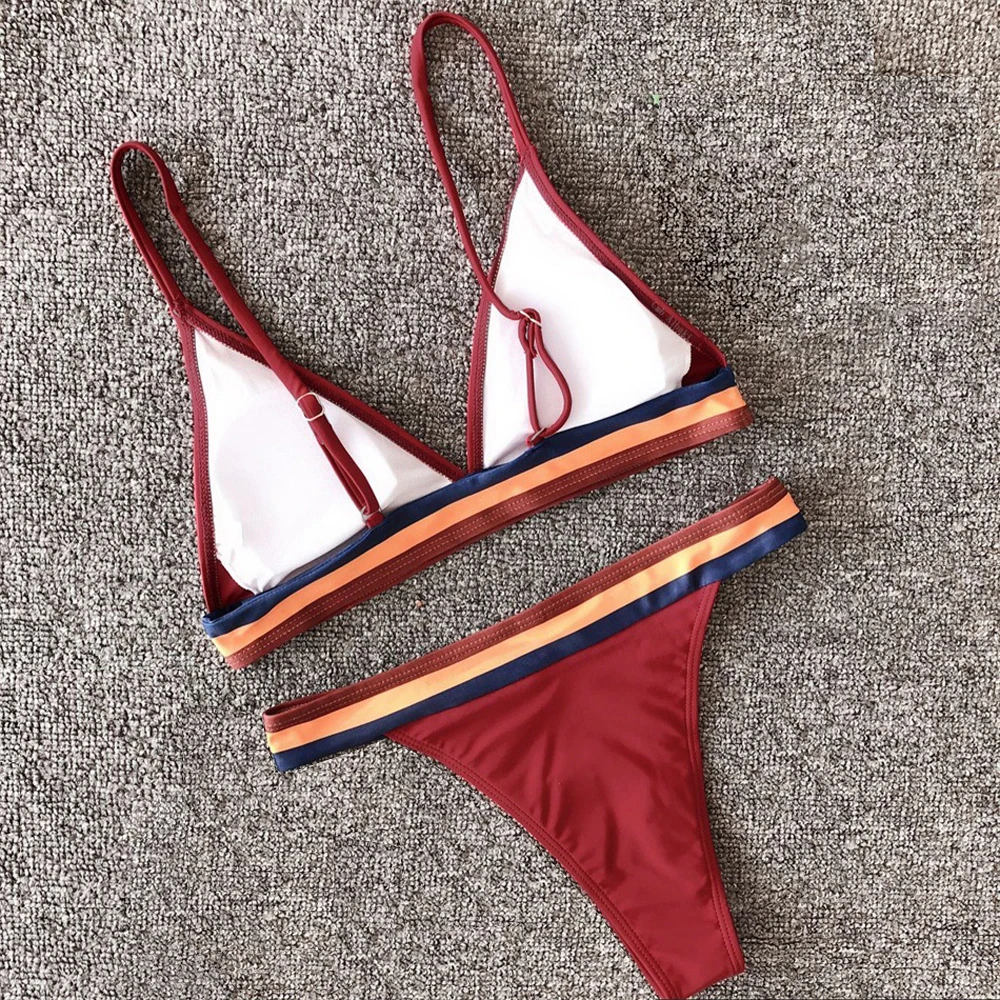 Женский купальник-бикини с пуш-ап однотонный бретельками на бретельках летний