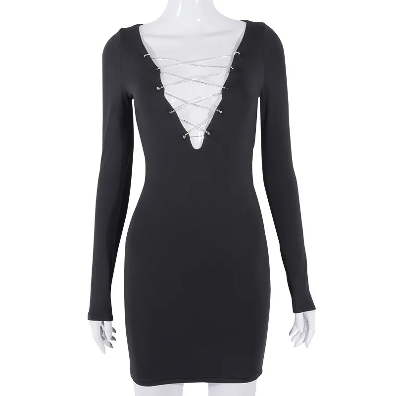 

2020 Long Sleeve Chains Bandage Patchwork Sexy Mini Dress Autumn Winter Women Fashion Streetwear Outfits Club Wear