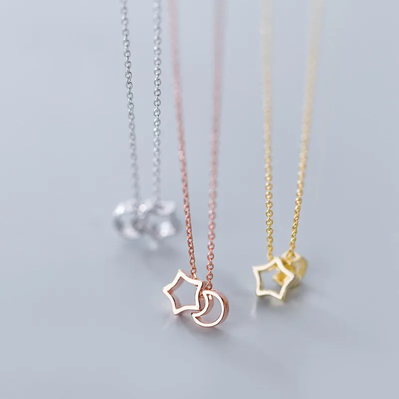 100% 925 Стерлинговое серебро подвеска Звезда Луна из розового золота Цвет