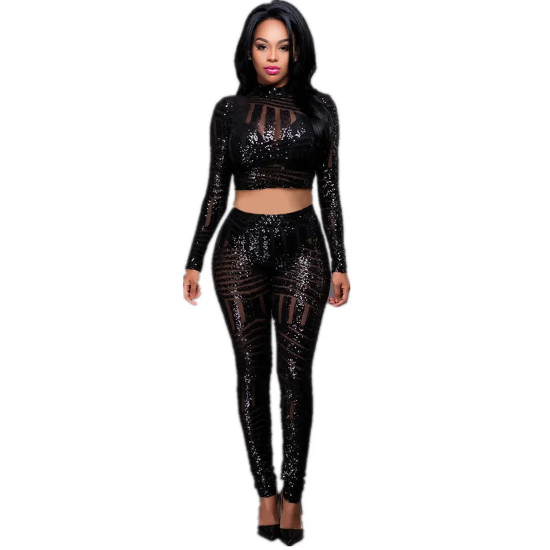 

Hot Sale 3 Color Plus Size Two Pieces Sexy Long Sleeve Sequins Jumpsuit Women Bandage Wrapped Strapless Print Night Clubwear Par