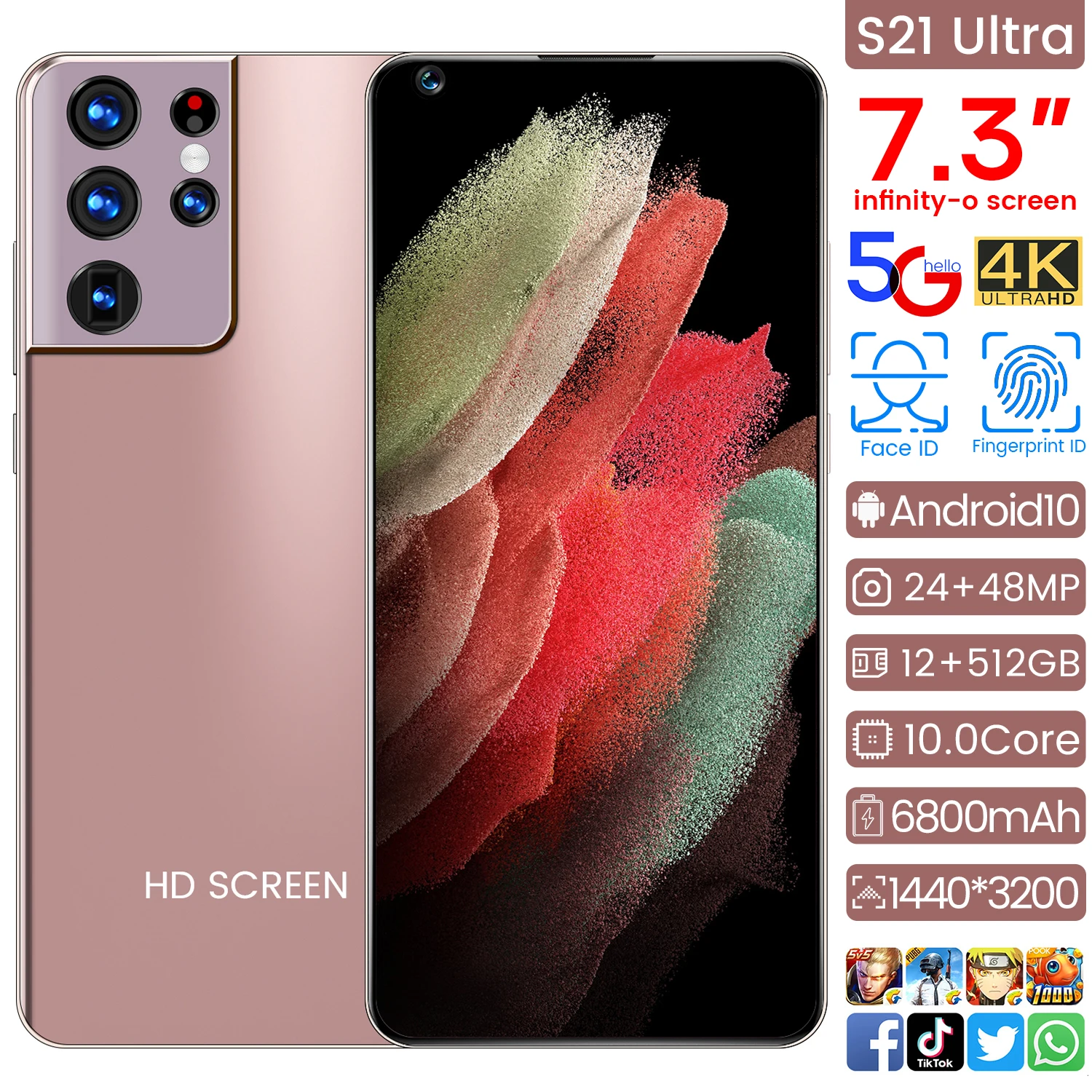 

New Galxy S21 Ultra 7.3 Inch 8+256GB 6800mAh Andriod 10 Smart Phone MTK6889 10 Core 24+48MP Fingerprint ID Cell Phone Celular