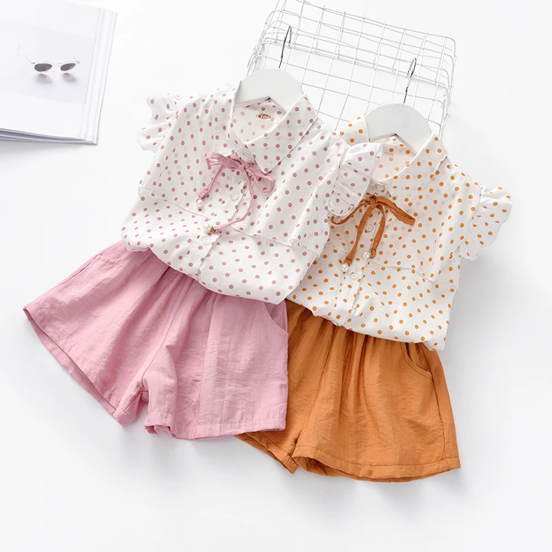 

Summer Clothes Sets for Baby Girls 2-6T Fashion Dot Print Ruffle Kids Shirts Outfits Children Blouse Tops and Shorts Pants Gifts
