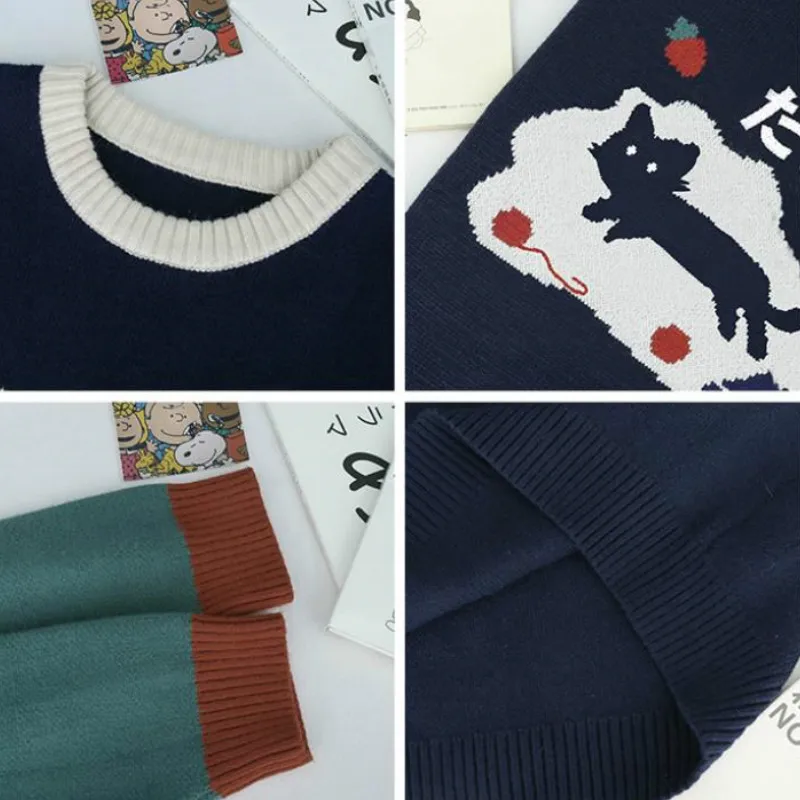 

Sweaters Women Loose Kawaii Student Korean Style Patchwork Tender O-Neck Famale Long Sleeve Trendy Warm Prevalent Harajuku New