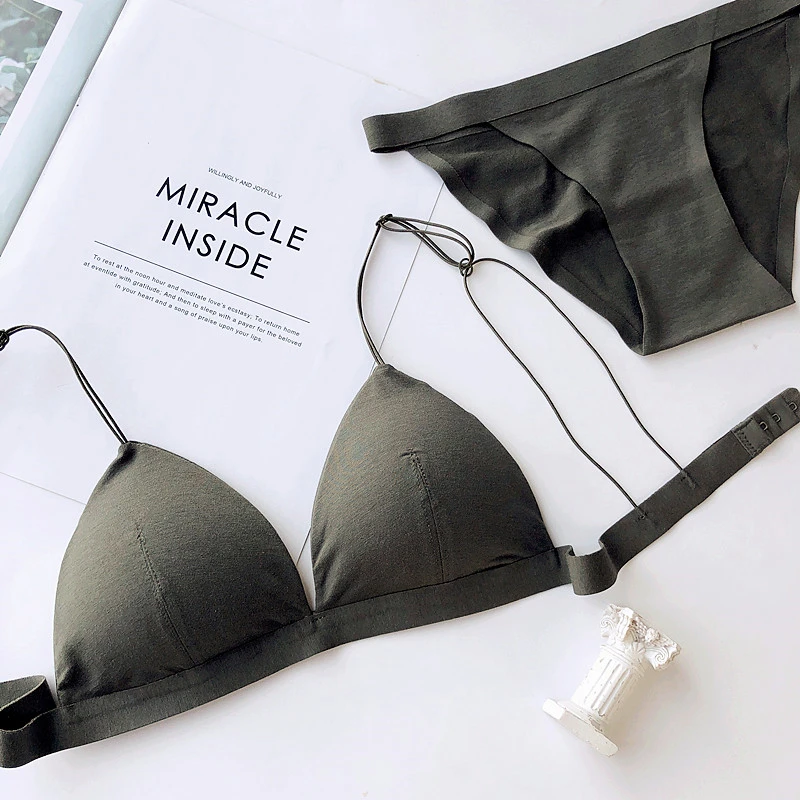 dark green bra Wriufred, простой модальный хлопковый комплект нижнего белья, тонкие бретельки, собранный сексуальный бюстгальтер и трусики, удобный треугольный бюстгальтер - Цвет: dark green bra