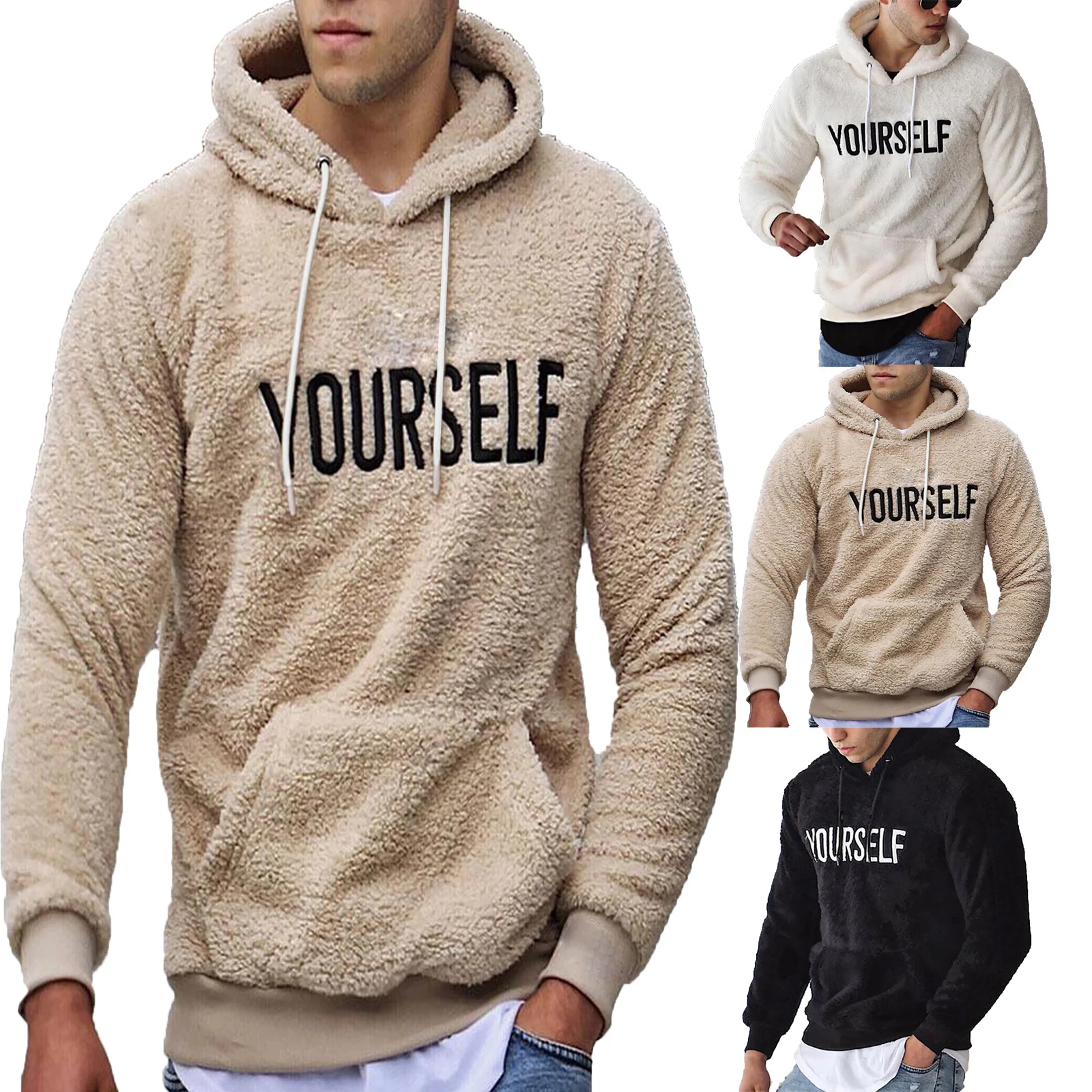 New Autumn and Winter Warm Men´s Wool Hooded Sweatshirts Letter Print Hooded Pullover Kangaroo Pocket Hooded Fleece Sweatshirts