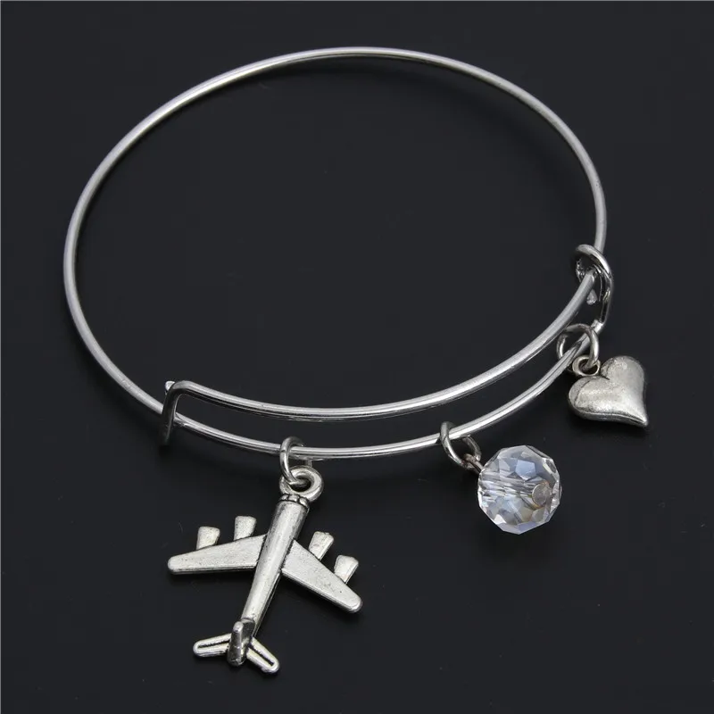 1pc Airplane Bangle With Beads Heart Charms Plane Bracelet Travel Jewelry For Pilot Gift E2193 | Украшения и аксессуары