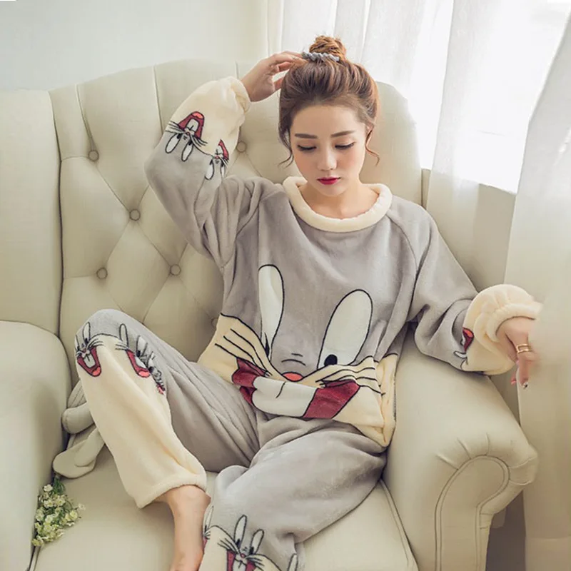 

Winter Warm Flannel Women Pyjamas Sets Thick Coral Velvet Long Sleeve Cartoon Sleepwear Pink Panther Flannel Pajamas Set
