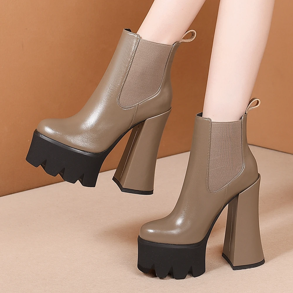 

2020 New Arrivals On Sale shoes Ladies Genuine Leather Round Toe Slip-On Elastic Band Platform Ankle Female Autumn Boots