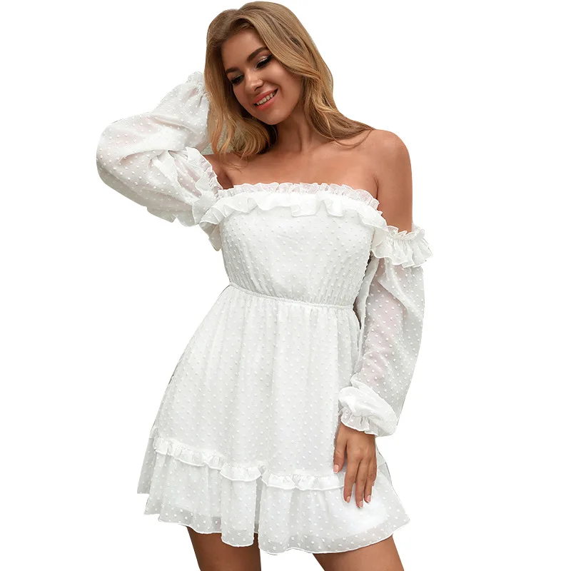 

Women's Dress 2021 Woman Clothes Spring Chiffon Off Shoulder A-Line Long-Sleeve Mini Dresses Elegant Party Sexy Dress Vestidos