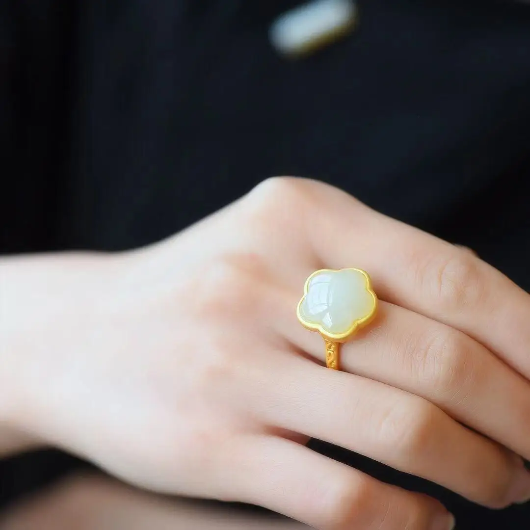 

Natural 925 Silver Inlaid Hetian Jade Flower Ring