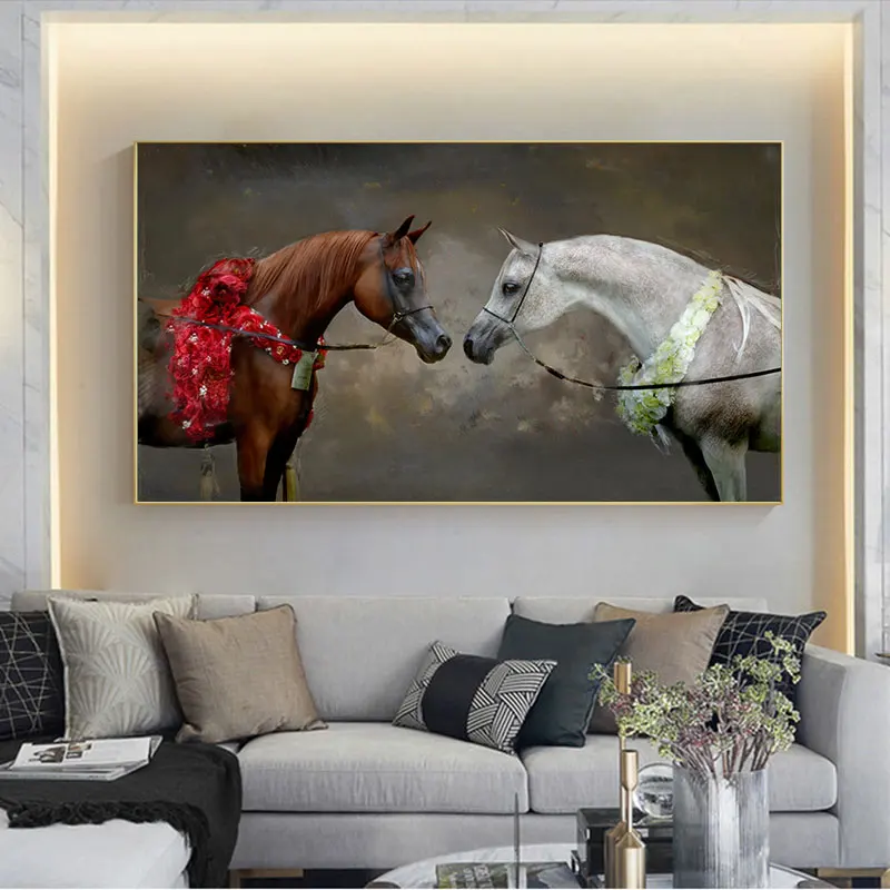 Аравийский живопись на холсте с изображением лошади Wall Art Черный и белый лошадь