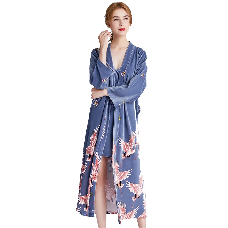 Халат женский зимний с принтом журавлей и длинным рукавом | Женская одежда