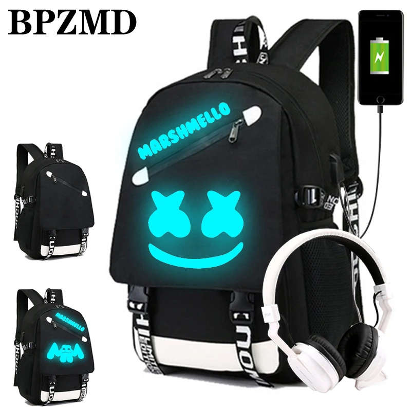 New DJ Marshmellow luminous backpack multifunction USB charging Anti theft for teenagers boys Girls Student School Bag