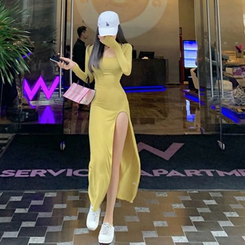 

2021 Autumn New Women's Dress Fashion Mid-length Long-sleeved Split Sexy Slim Bag Hip Skirt Vestidos De Mujer Casual
