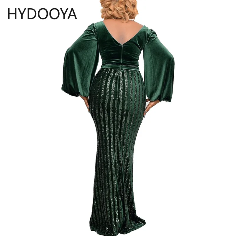 Plus Size Dress for New Year 2022 Women Clothing Green Lantern Sleeve High Split Sequin Party Maxi Dress Dropshipping Wholesale