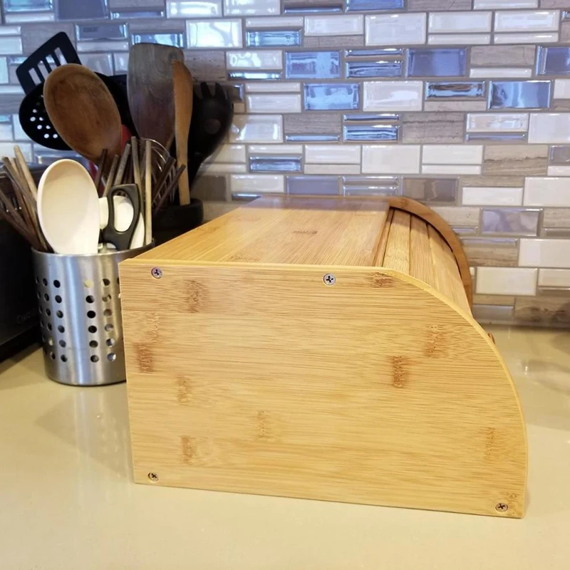

Natural Bamboo Bread Holder Food Storage Container Kitchen Roll Top Bread Storage Box Kitchens Supply