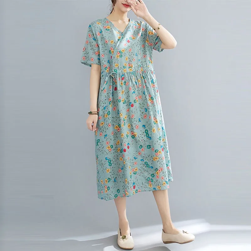 Женское длинное платье-трапеция из хлопка и льна свободное Повседневное с