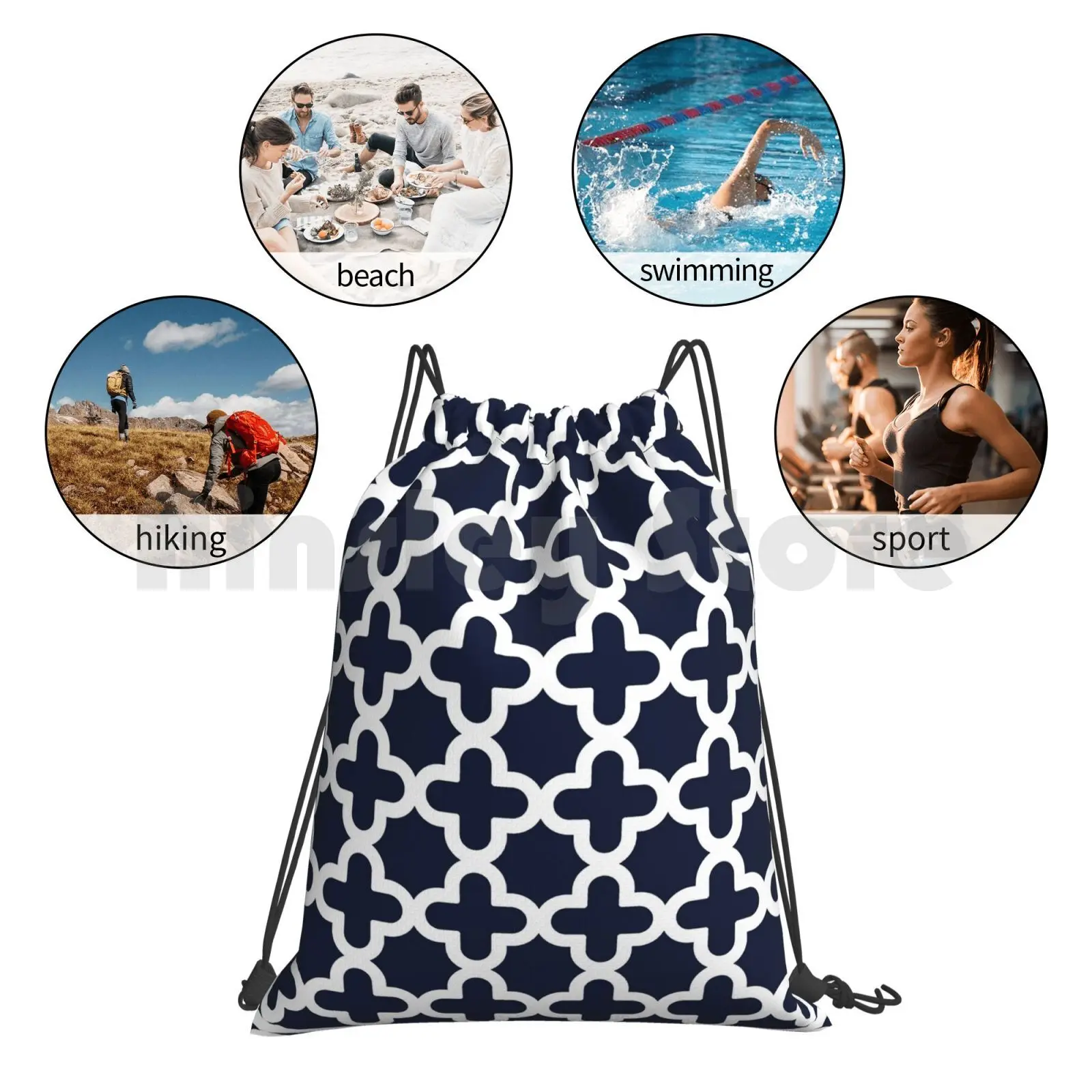 

Dark Blue & White , Quatrefoil Pattern Backpack Drawstring Bags Gym Bag Waterproof Dark Blue White Quatrefoil Moroccan