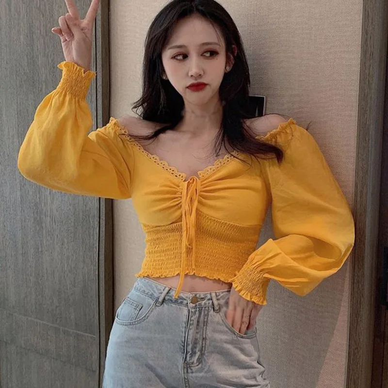 

Women's Solid V Neck Shirts Autumn Hollow Out Sexy Slim Exposed Navel Long Sleeves Blouse Tops