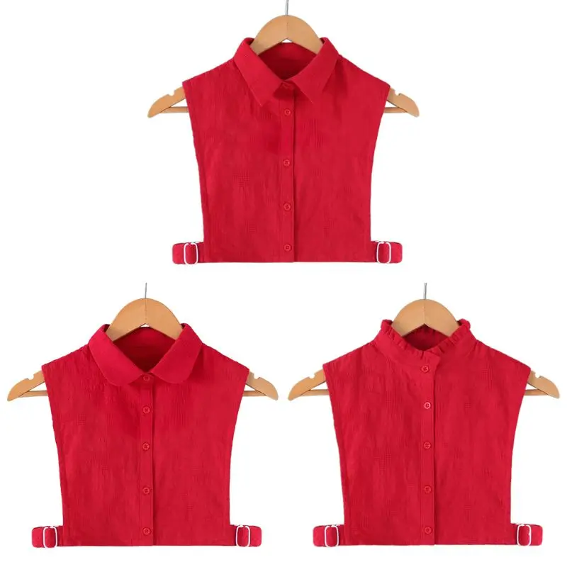 

Womens Crochet Lace Red Fake Collar Button Down Detchable Ruffles Half-Shirt