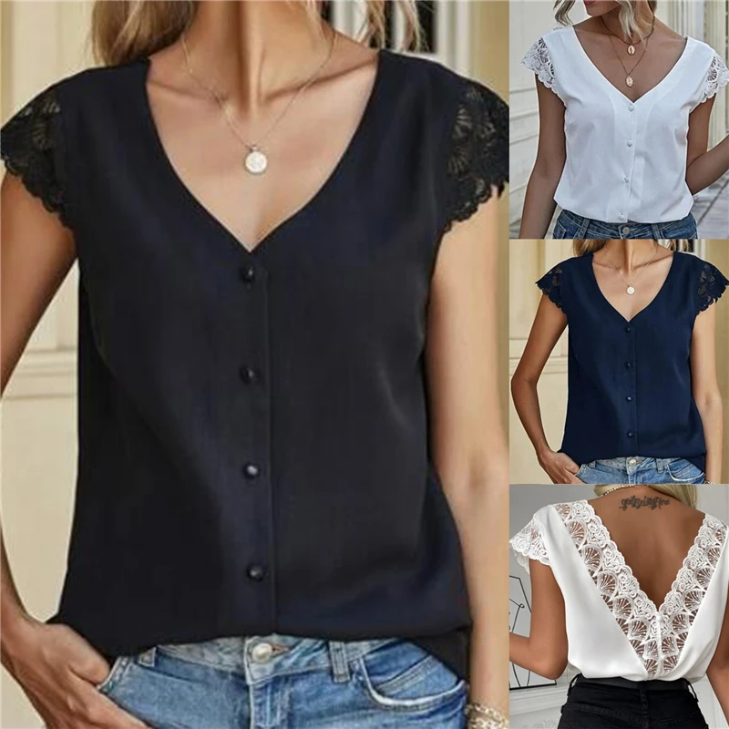 

Summer Lace Patchwork Sexy Backless Ladies Shirt Solid Color V Neck Women Short Sleeve Sexy Shirt Button