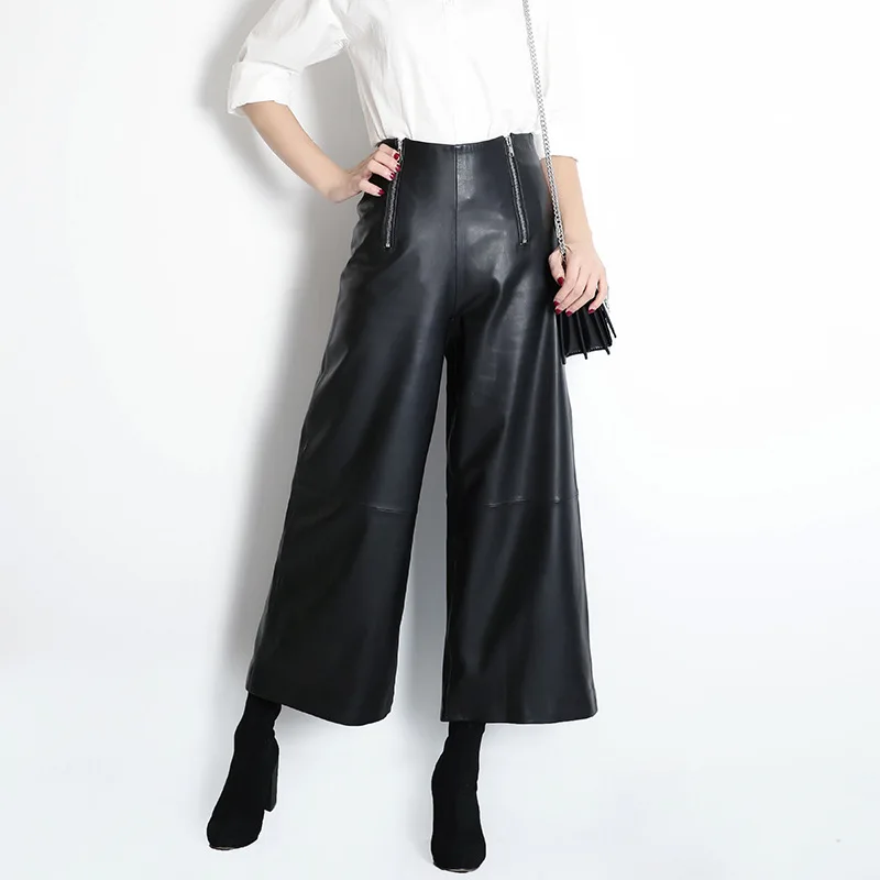 Spring Autumn OL elegant Leather Wide-leg pants High quality Sheepskin Genuine leather Ninth pants C637