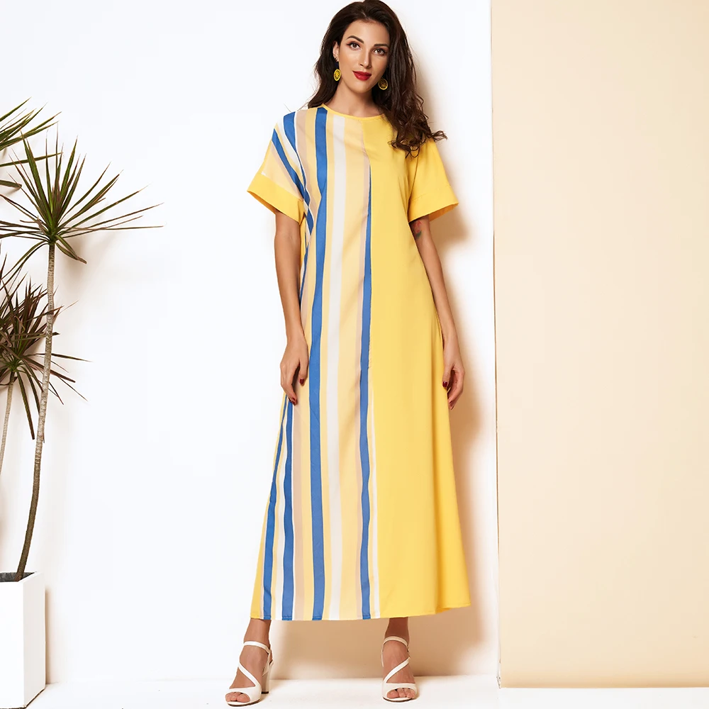 

Summer Maxi Dress Women 2021 Yellow Colorful Vertical Striped Pocket O-neck Short Sleeve Loose Casual Vintange Holiday Robes