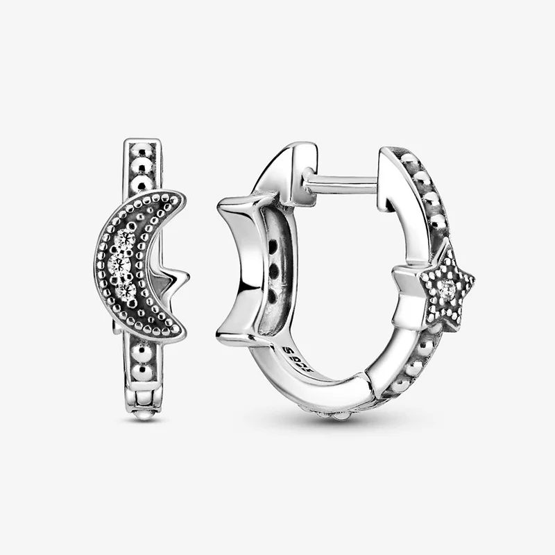 

Pan 2020 New 925 Sterling Silver Sparkling Crescent Moon & Stars Beaded Hoop Earrings Women Jewelry Gift