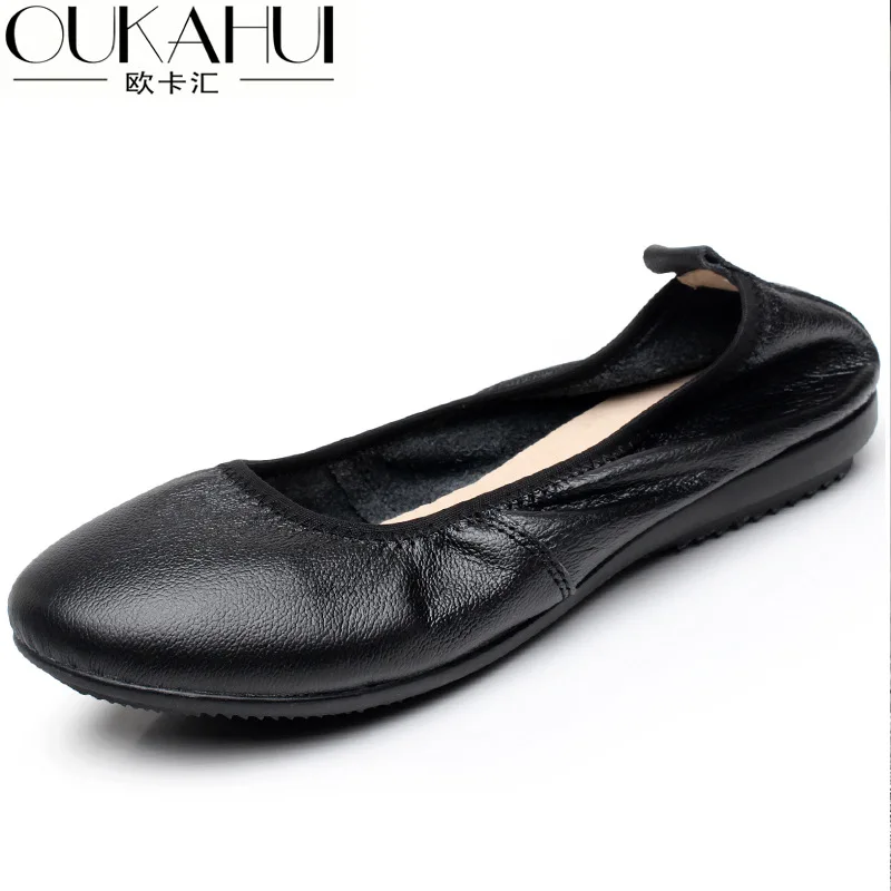 Rushiman Black Genuine Leather Flat Heel Comfortable Soft Bottom Full-grain Leather Anti-slip Foot Covering Flat Keel Thin Shoes