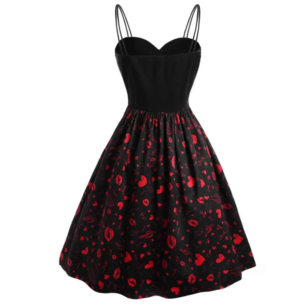 

2020 Fashion New Sexy Women Dress Retro Vintage 50s 60s Rockabilly Lip Printed Black Big Swing Summer Plus Size Jurken For Party