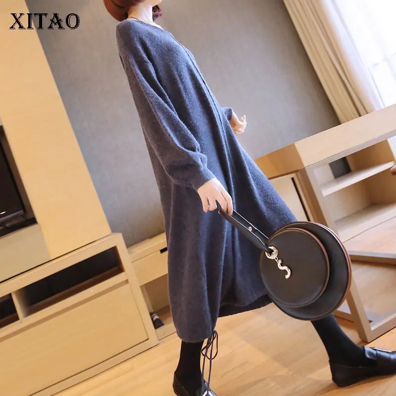 XITAO элегантное однотонное женское платье размера плюс свободные вязаные платья с