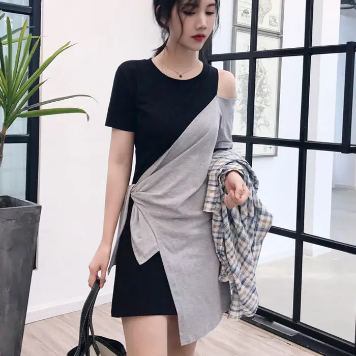 

Cotton large size dress women's summer irregular t-shirt skirt women's Korean style slim skirt stitching Outfits skirt