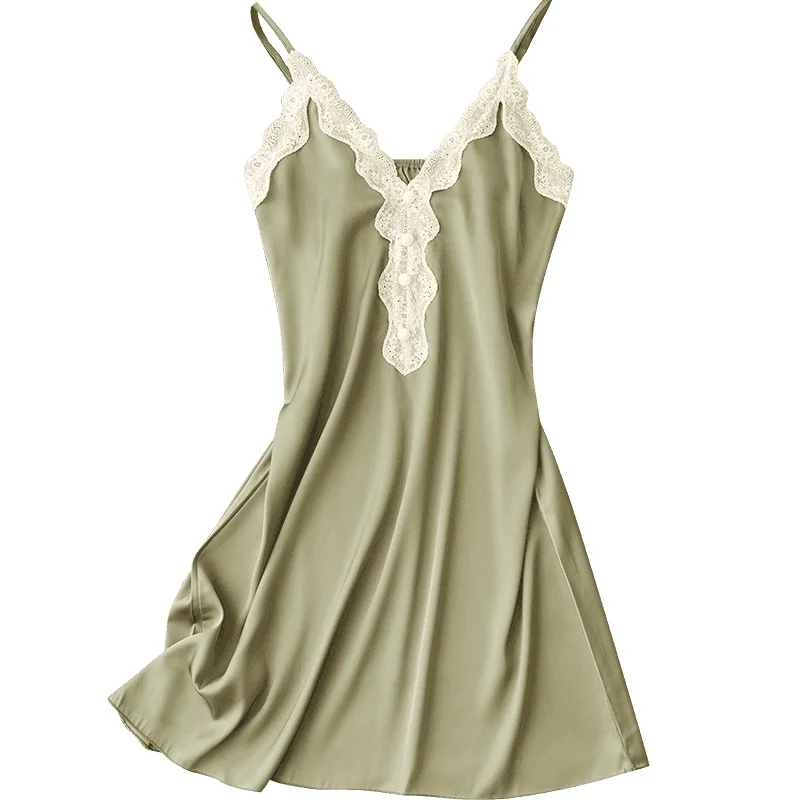 

Spaghetti Strap Lace Trim Women Nightgown Sexy Sleeveless Nightdress Rayon Short Sleepshirt Skirt Summer Loose Home Dressing