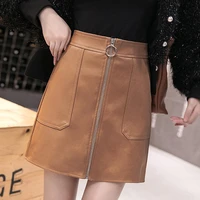 autumn winter 2021 pocket pu leather mini a line skirt women korean fashion high waist slim zipper short skirts female faldas