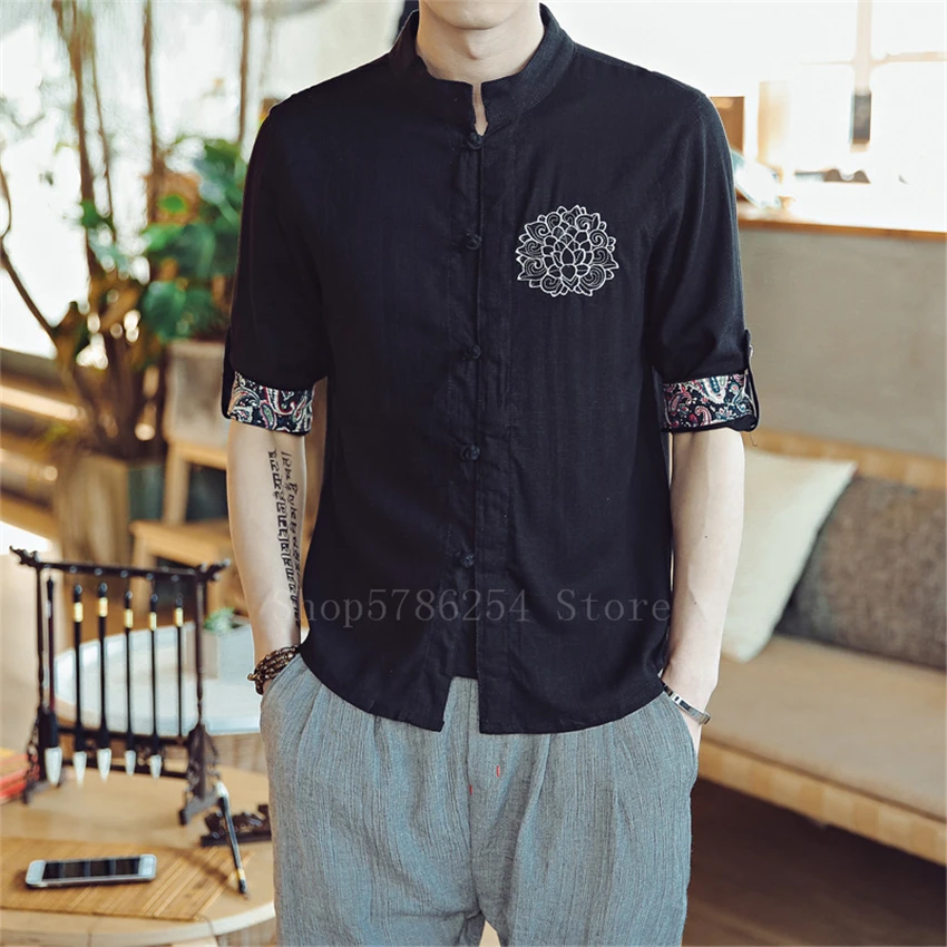 Мужские хлопковые льняные рубашки традиционная китайская одежда с вышивкой для