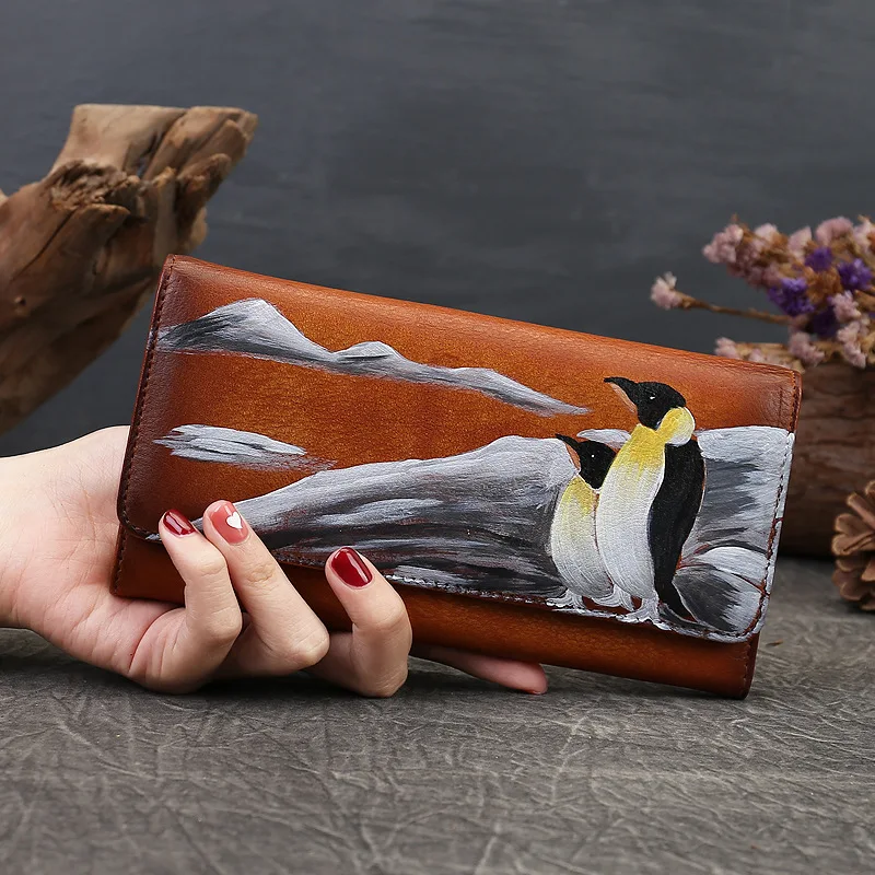

Johnature Hand Painted Genuine Leather Wallets Long Fashion Women Wallet Card Holder Handmade Natural Cowhide Hand Purse