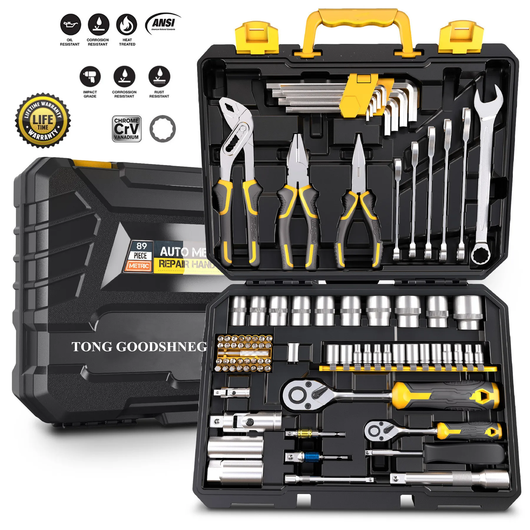 89pc Professional Socket Ratchet Wrench Mechanic's Hand Tool Kit Set of Tools for Auto 1/2 1/4  Combination Repair Tool Set,Box